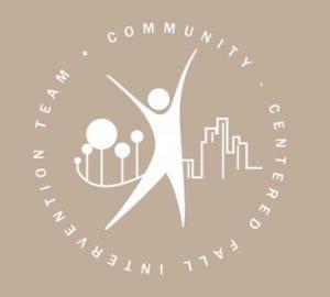 Logo for the Community-Centered Fall Intervention Team, featuring a stylized human figure with abstract circles and a city skyline in the background.
